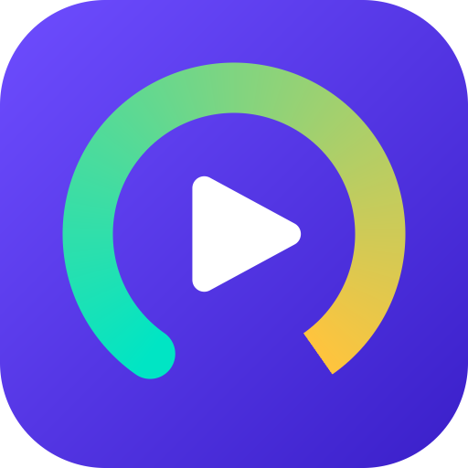 Factory app icon: a teal-to-amber gauge arc around a white play triangle on a violet rounded square.